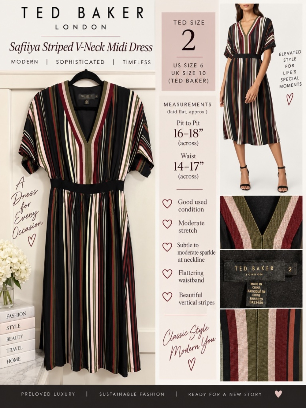 Ted Baker Safiiya striped midi dress size 2 (Size 4 US)